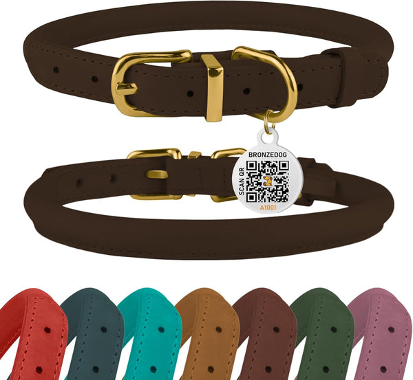 BRONZEDOG Rolled Leather Dog Collar with QR ID Tag, Adjustable Soft Round Collars for Small Medium Large Dogs (14" -