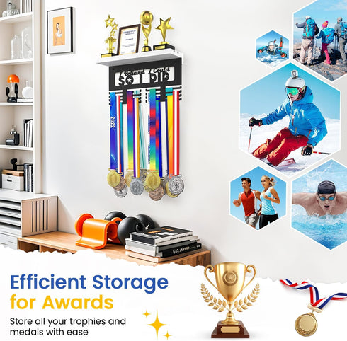 25 Medal Holder Display Trophy Shelf Organizer, Sturdy Wooden Race Award Hanger Rack with Steel Hooks, Wall Mount