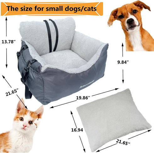 Small Dogs Car Seat Under 25 - Fully Detachable & Washable Ultra Soft Travel Bed with Clip-on & Storage Pockets