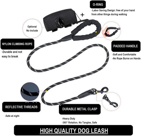 Round Rope Dog Leash 5 FT with Comfortable Padded Handle, Highly Reflective Threads for Medium & Large Dogs (Black, 5