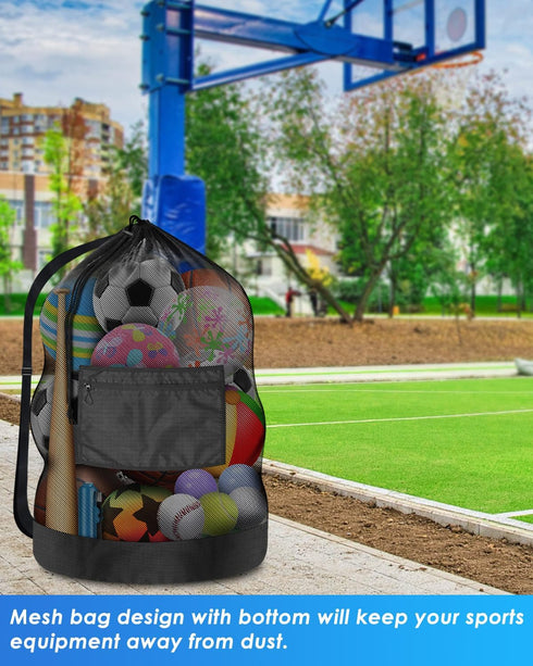 Heavy Duty Soccer Ball Net Bag, 100L Extra Large Capacity for 10-12 Balls, Drawstring Mesh Bag with Zipper Pocket