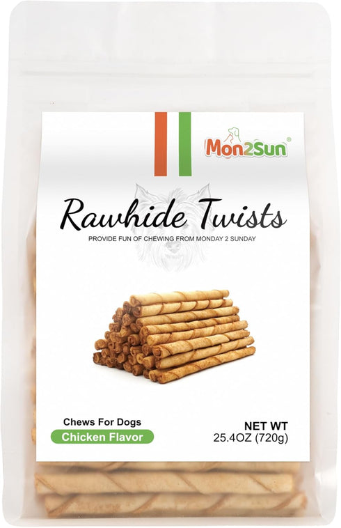 MON2SUN 5 Inch 120 Count Dog Rawhide Twist Sticks Chicken Flavor Thin Sticks Rawhide Chews Treats for Puppy and Small