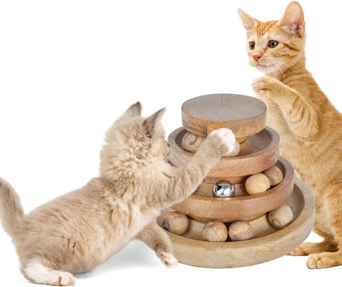 3 8 8 4 Inches Interactive Cat Toy Tower with Balls & Bell Tier Track Ball Toy for Indoor Cats & Kittens Wooden Cat