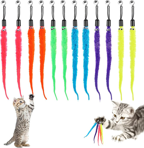 Molain Cat Wand Toy Replacement Refill - 12 Pcs Furry Tail Worm with Bell for Interactive Cat Chaser Toys