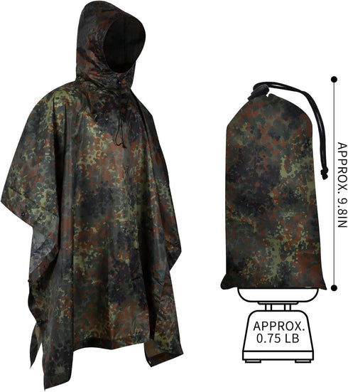 GRVCN Military Rain Poncho - Camouflage Lightweight Waterproof Raincoat for Outdoor Use