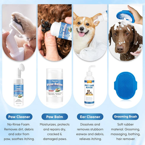 Pet Grooming Deodorizing Wipes for Dogs & Cats, Essential Supplies Set: Teeth, Ears, Eyes, Paw Cleaner, Balm, Rinse