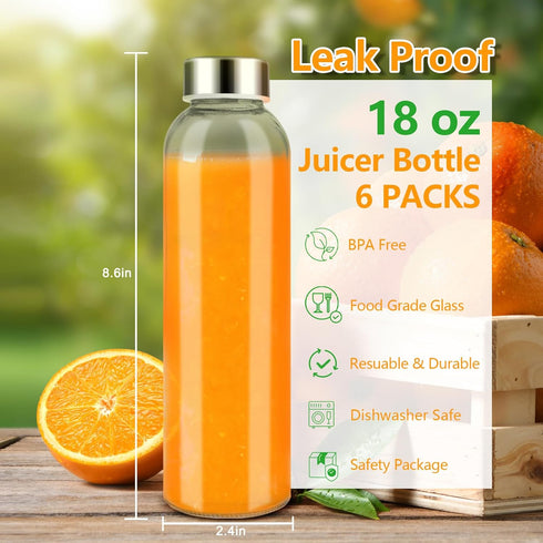 18 oz, 100% Set 6 Zukro Glass Juice Bottles with Lids for Juicing Reusable Clear Glass Water Bottles with Stainless