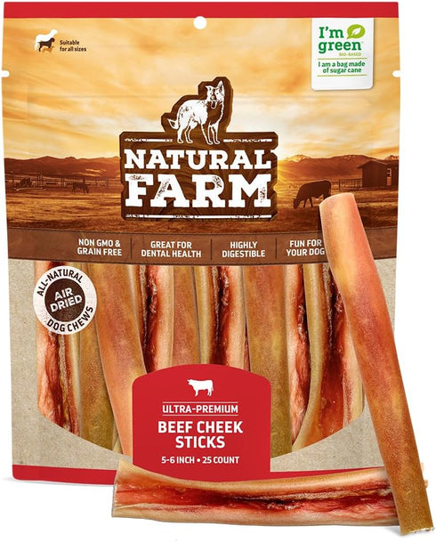 Natural Farm Beef Cheek Strips, 6-Inch (25-Pack) - 100% Natural Beef Cheeks for Dogs, High Protein Treats