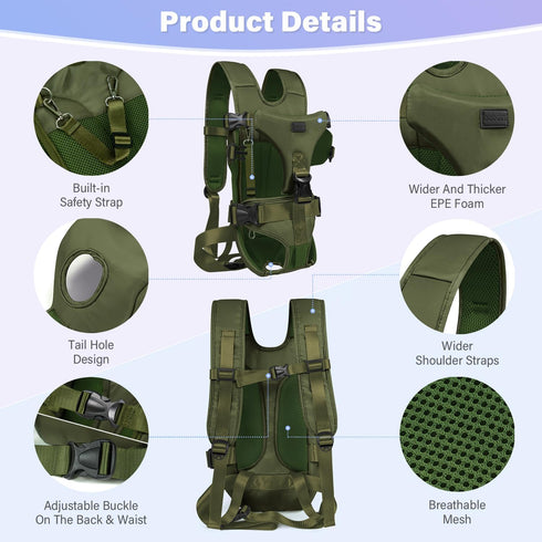 YUDODO Pet Dog Front Carrier - Adjustable Easy-Fit Backpack for Small Medium Dogs, Cats, and Rabbits (M, Army Green)