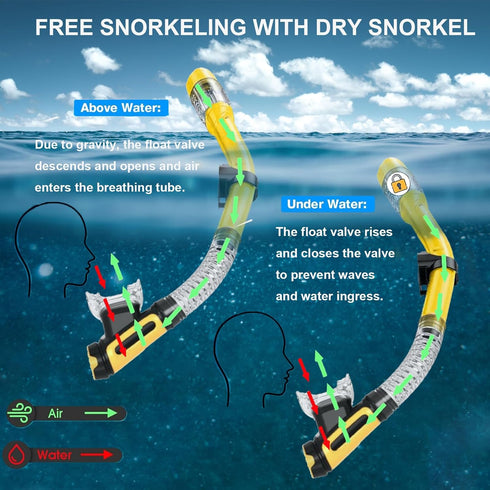 Otowaving Dry Snorkel Set for Adults, Panoramic View Snorkel Gear, Anti-Fog Tempered Glass Swim Mask, Snorkel Kit