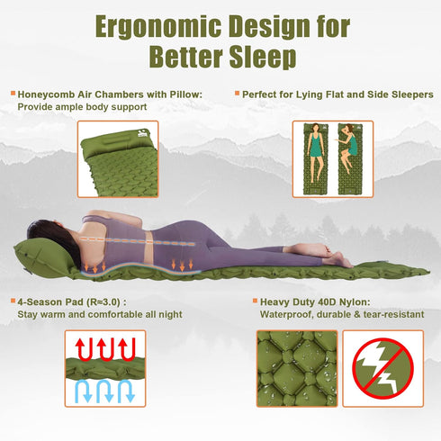 Ultralight Inflatable Sleeping Pad for Camping, Compact Mattress with Built-in Foot Pump for Backpacking