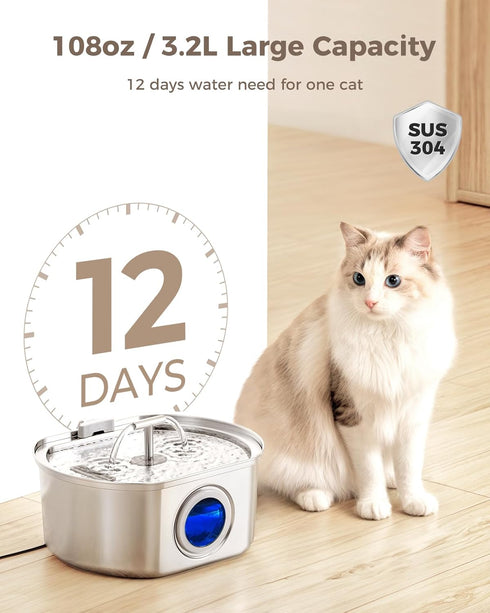 12-Pack 108oz/3.2L Official Replacement Filters with Pre-Filter Sponges for Automatic Stainless Steel Pet Water