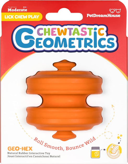 PetDreamHouse Chewtastic Geometrics Natural Rubber Enrichment Dog Toy Geo-Hex Orange, Engaging Rolling