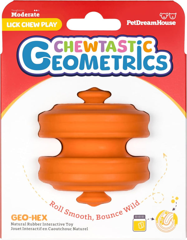 PetDreamHouse Chewtastic Geometrics Natural Rubber Enrichment Dog Toy Geo-Hex Orange, Engaging Rolling