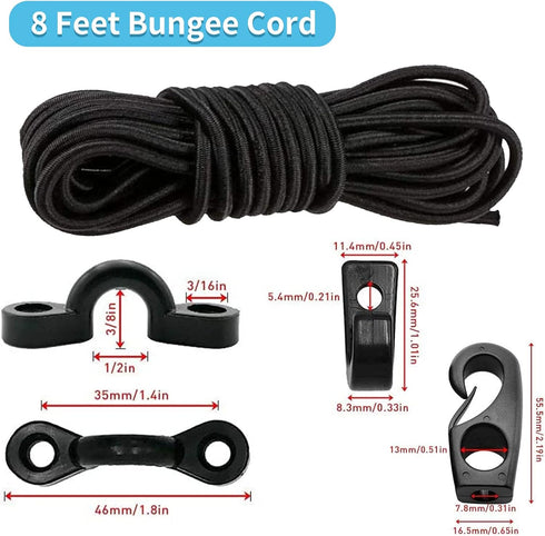 Kayak Deck Rigging Kit - 8 Feet Bungee Cord with Hooks, Tie Down Pad Eye, and 6 J-Hooks for Canoe Accessory