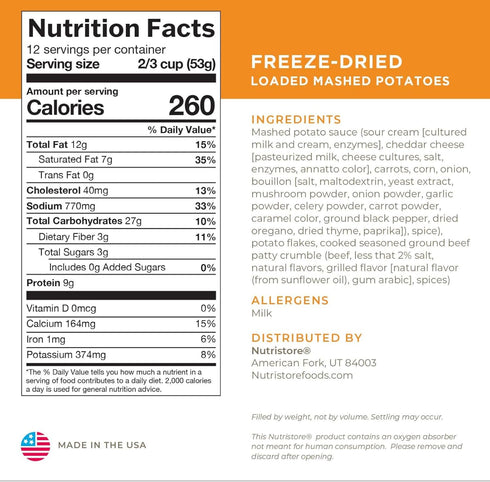 Nutristore Freeze-Dried Loaded Mashed Potatoes - Emergency Survival Meal, 25 Year Shelf Life, USDA Inspected
