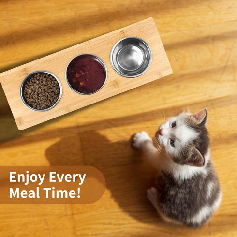 Elevated Cat Bowls, 15° Tilted Stainless Steel Cat Bowls for Indoor Cats, Anti Vomit Bamboo Stand with 3 Feeder Bowls