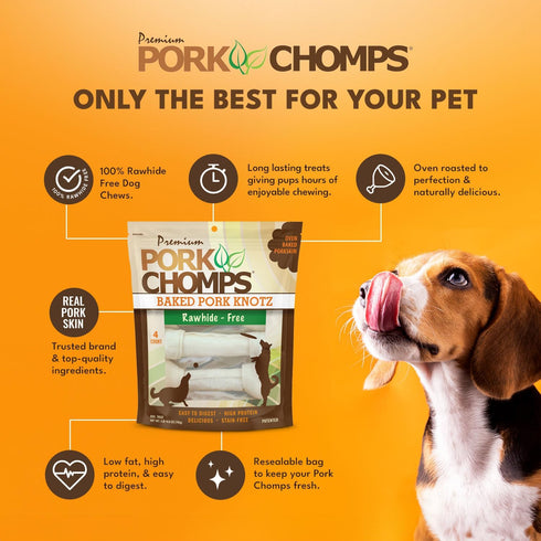 11 Inch 4 Count, 1 Pack Pork Chomps Baked Pork Skin Dog Chews, Knots, - Long-Lasting Treats for Dogs - High Protein