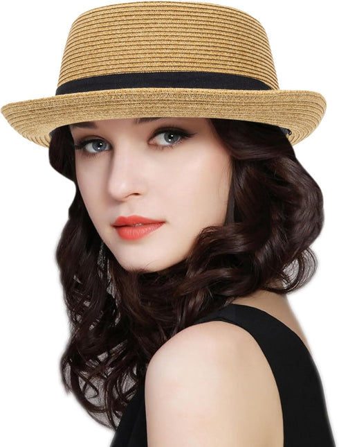 Pork Pie Hat for Men and Women, Classic Khaki Boater Derby Sun Hat with Grosgrain Band