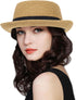 Pork Pie Hat for Men and Women, Classic Khaki Boater Derby Sun Hat with Grosgrain Band