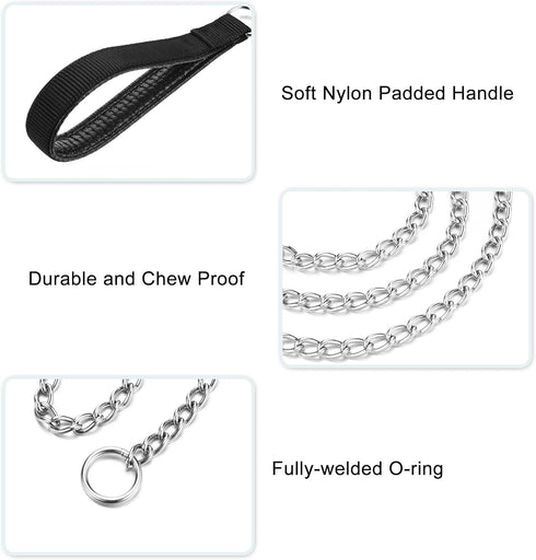 Metal Dog Leash - Integrated Collar and 4ft Chew Proof Chain Leash with Padded Handle for Large Medium Dogs