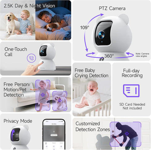 CINMOORE 2.5K 2.4GHz 2-Way Pet/Dog Camera with Speaker/Phone App, No-Monthly-Fee AI Person/Pet/Cry Detection Security