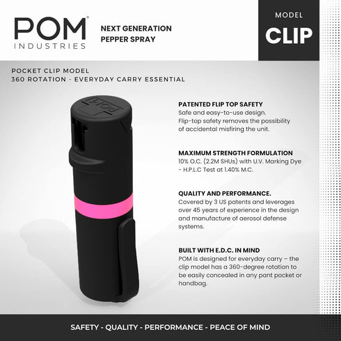 POM Pepper Spray Flip Top Pocket Clip - Maximum Strength OC Spray for Self Defense - Tactical Compact & Safe Design - 25 Bursts & 10 ft Range - Powerful & Accurate Stream Pattern