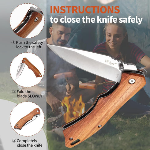 Vickay Folding Pocket Knife, EDC Knife with 8Cr13MoV 3.19" Stainless Steel Blade and Brown Wood Handle for Outdoor