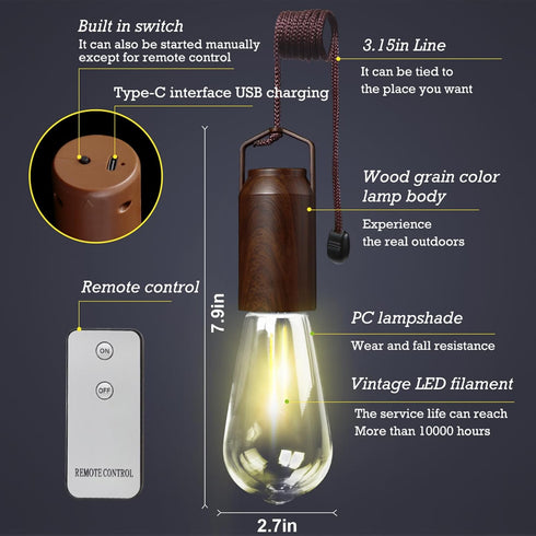 2 Pack Bulb,Portable Backpacking Rechargeable Warm Tent Hanging Light Outdoor Vintage LED Camping Light,Pendant