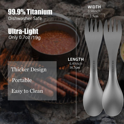 OUTXE Titanium 2 in 1 Fork and Spoon Combo - 2-Pack Ultra Lightweight Camping Utensil, Eco-Friendly Spork