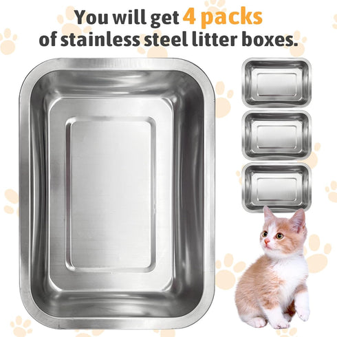4Pack Surface(2XL:15.7 11.8 2 Fhiny Stainless Steel Kitten Litter Box, Small Size Low Entry Metal Cat Open Litter Pan