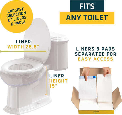 Pack 20 Lunderg Toilet Liners with Lemon Super Absorbent Pads - Value Disposable Toilet Bags - Universal Fit - Convert