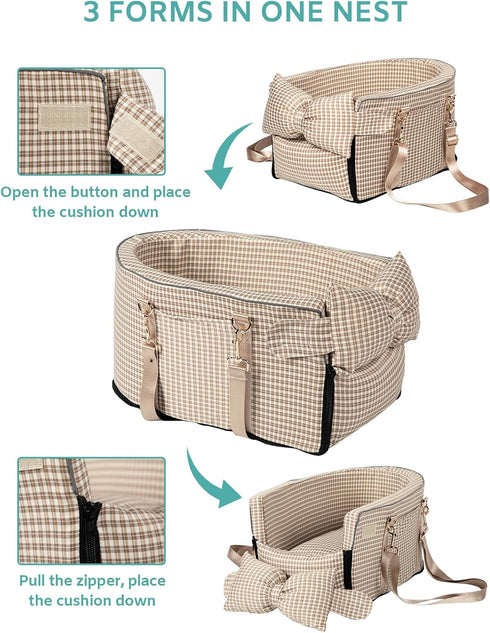 Center Console Dog Car Seat for Small Dogs, Anti-Collapse with Soft Cushion Safety Belt, Portable Armrest Seat for Pets