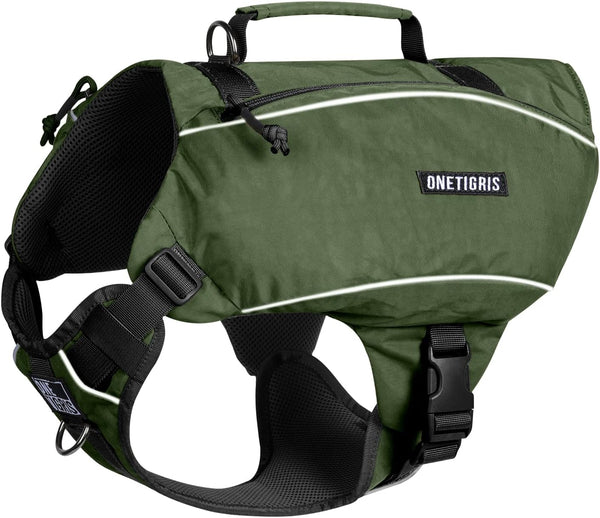 OneTigris Y-Shaped Dog Backpack, Lightweight Hiking Gear with Handle, Pockets & No Pull D-Rings (Large, Green)