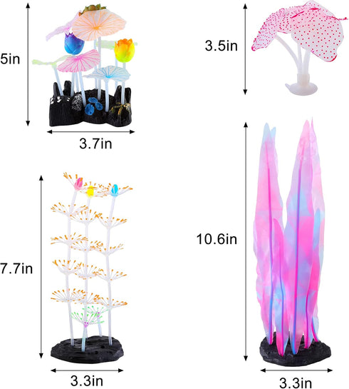 Glowing Fish Tank Decorations, 4 pcs Glow Aquarium Decorations, Coral Plant Ornaments Lotus Kelp Anemone