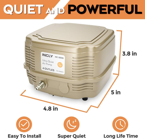 INCLY 7W Aquarium Air Pump - 245 Gallon with 4 Adjustable Filter Outlet for Fish Tank
