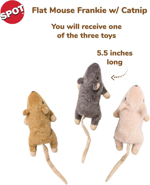 SPOT Flat Mouse Frankie with Catnip, Cat Toy, 5.5in Plush Mice with Catnip and Crinkle Sound, Perfect for Chasing