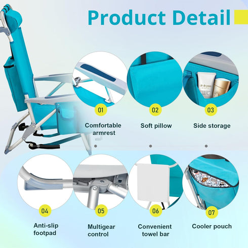 Generic Backpack 5 Beach Chairs Low Position Beach Chair with Pouch Straps Folding Lightweight Reclining Aluminum Lay