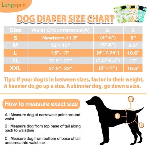 Langsprit Washable Female Dog Diapers, 3 Pack No Leak Reusable Diapers for Dogs in Heat, Highly Absorbent with
