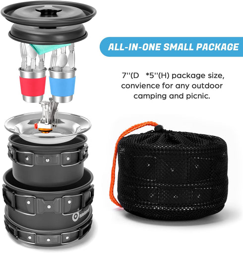Odoland 16pcs Camping Cookware Mess Kit - Folding Camping Stove, Non-Stick Pots Pan Set for Outdoor Cooking