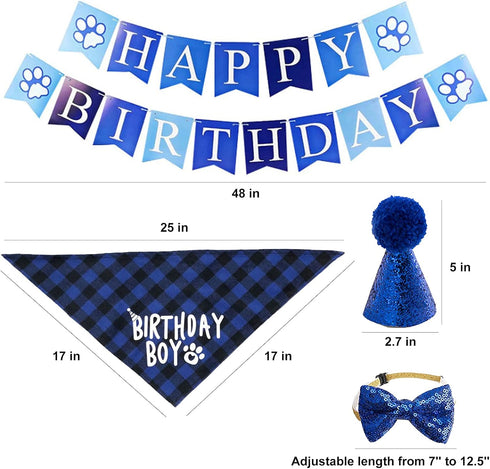 Dog Bandana Hat Scarf Set, Happy Birthday Banner with Cute Bow Tie Collar for Boy Girl Puppy, Classic Plaid Design