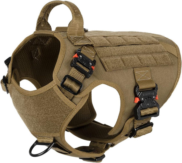 ICEFANG Tactical Dog Harness with 4X Metal Buckle, Working Dog MOLLE K9 Vest, Adjustable No Pulling Harness (M, Brown)