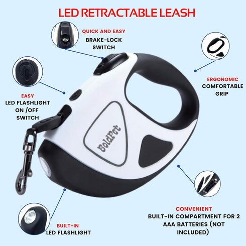 Retractable Dog Leash with Built-in LED Light, Tangle Free, 10 Ft Long for Small to Medium Dogs up to 44 Lbs