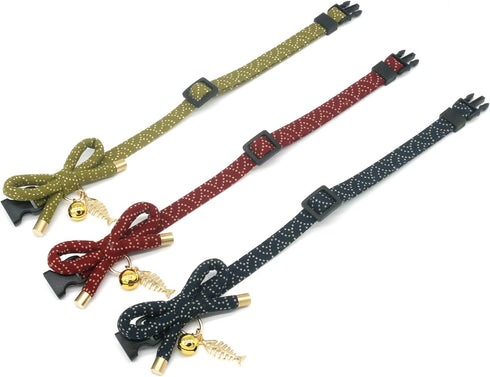PetSoKoo Cute Bowtie Cat Collar with Bell, Red - Japanese Stylish Bowknot & Fish Charm, Safety Breakaway