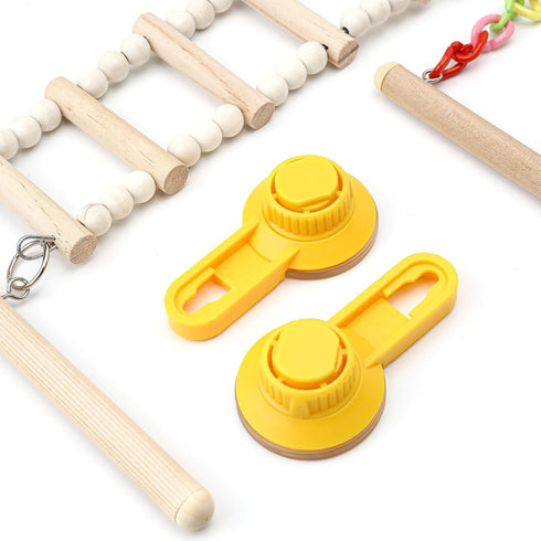 Wood Window Bird Perch Toy with Suction Cup, Climbing Ramp Ladder Platform for Parrots, Budgies, Finches