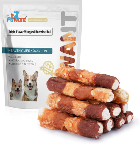 Dog Treats Triple Flavor Rolls - Chicken Liver, Beef, Chicken Wrapped Rawhide