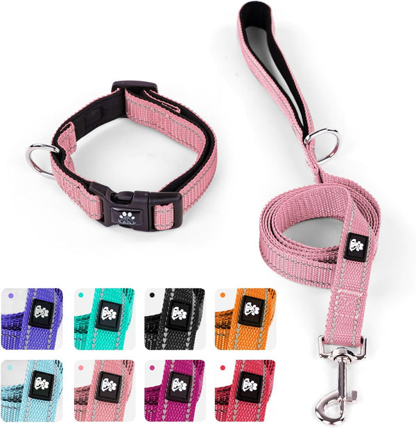 IVY&LANE Adjustable Reflective Dog Collar and Leash Set, Neoprene Padded for Small Medium Large Dogs, 5FT Nylon Leash
