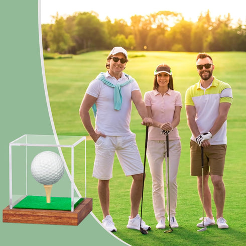 Clear Acrylic Golf Ball Display Case with Wood Base & Tee, Memorabilia Stand Cube Holder, Dust Protection Transparent