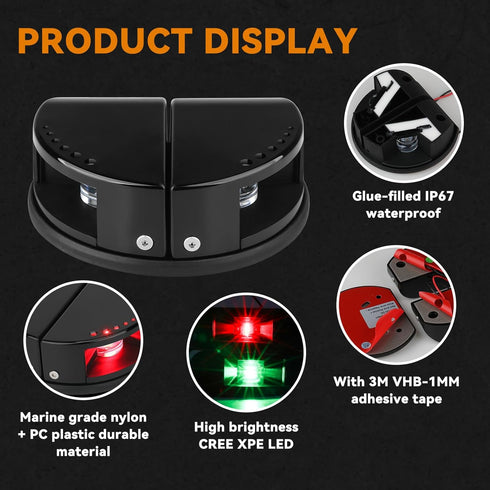 2-in-1 IP67 Boat Navigation Lights, Integrated Split Red and Green LED Bow Lights, Waterproof Navigation Lights Boat