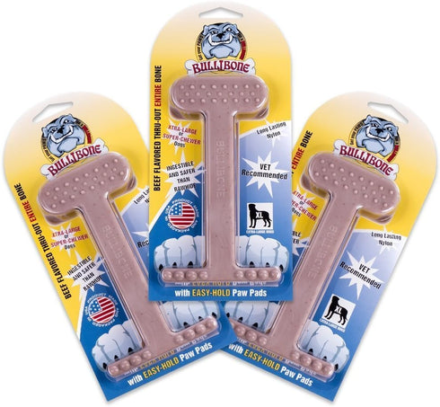 Bullibone Nylon Dog Chew Toy - Nylon Bone for Dental Hygiene, Easy Grip, Flavor Permeated (Beef, XL - 3 Pack)